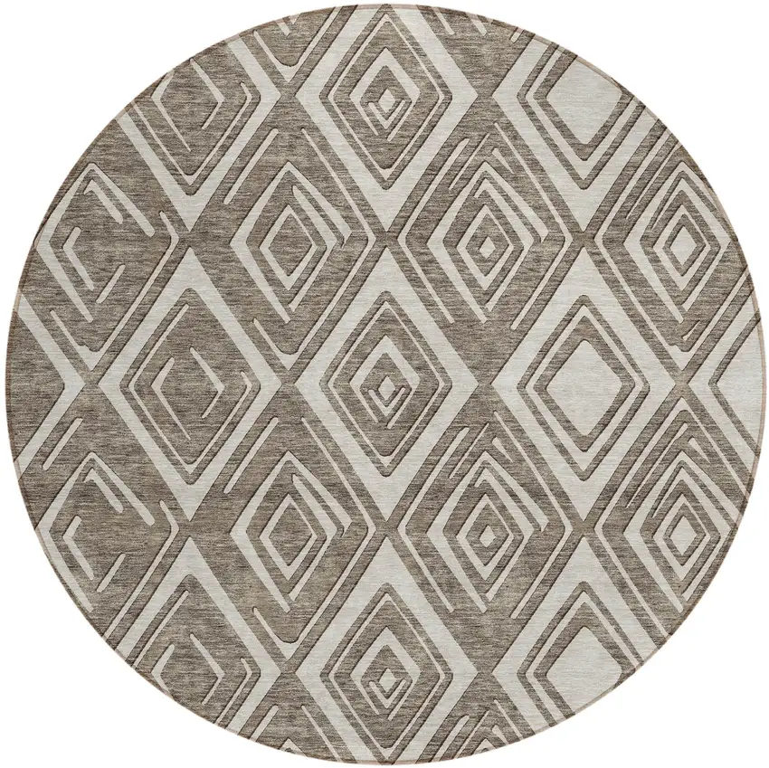 8' Taupe And Beige Round Geometric Washable Indoor Outdoor Area Rug Photo 2