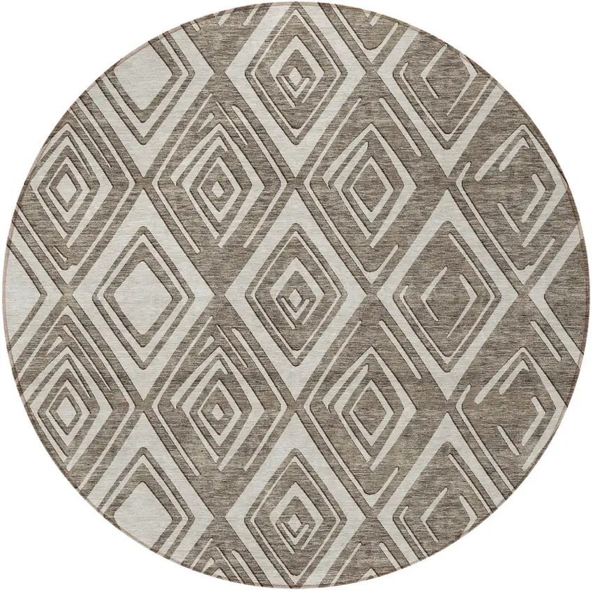 8' Taupe And Beige Round Geometric Washable Indoor Outdoor Area Rug Photo 6
