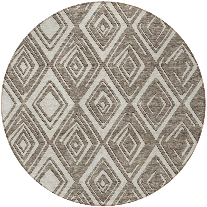 8' Taupe And Beige Round Geometric Washable Indoor Outdoor Area Rug Photo 6