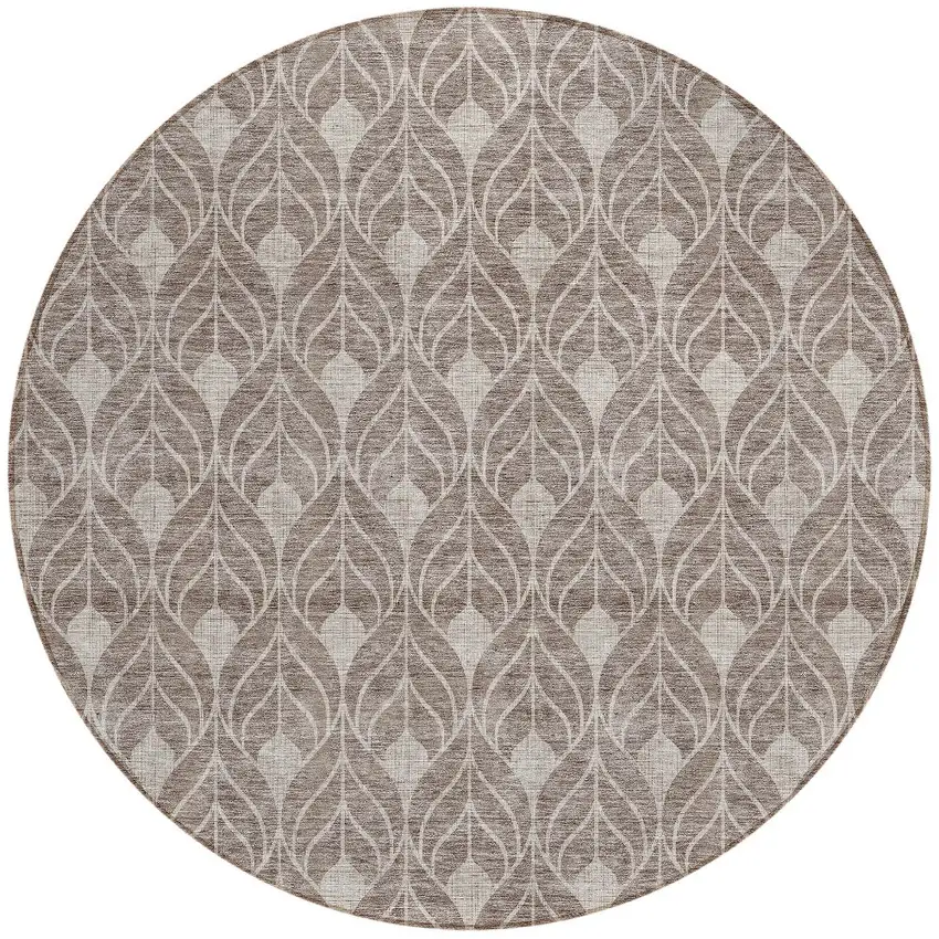 8' Taupe And Beige Round Geometric Washable Indoor Outdoor Area Rug Photo 5