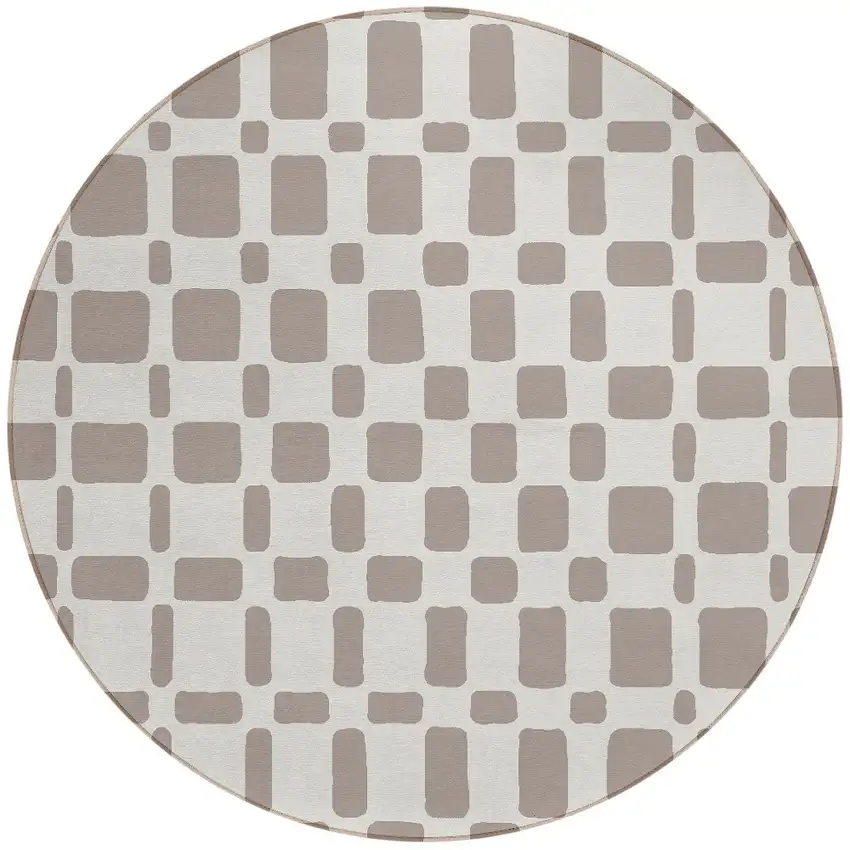 8' Taupe And Beige Round Geometric Washable Indoor Outdoor Area Rug Photo 5