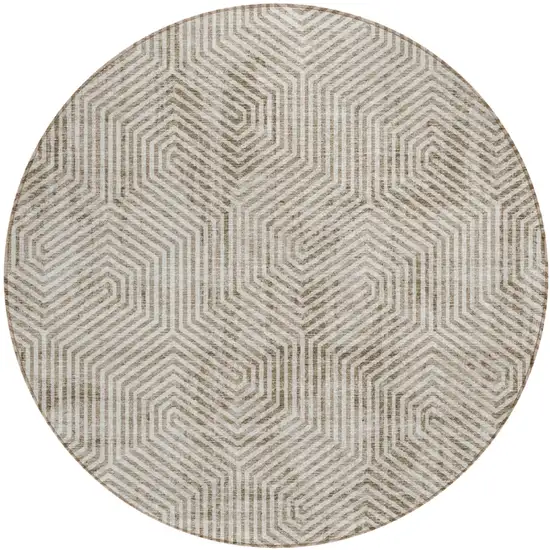 8' Taupe And Beige Round Geometric Washable Indoor Outdoor Area Rug Photo 2
