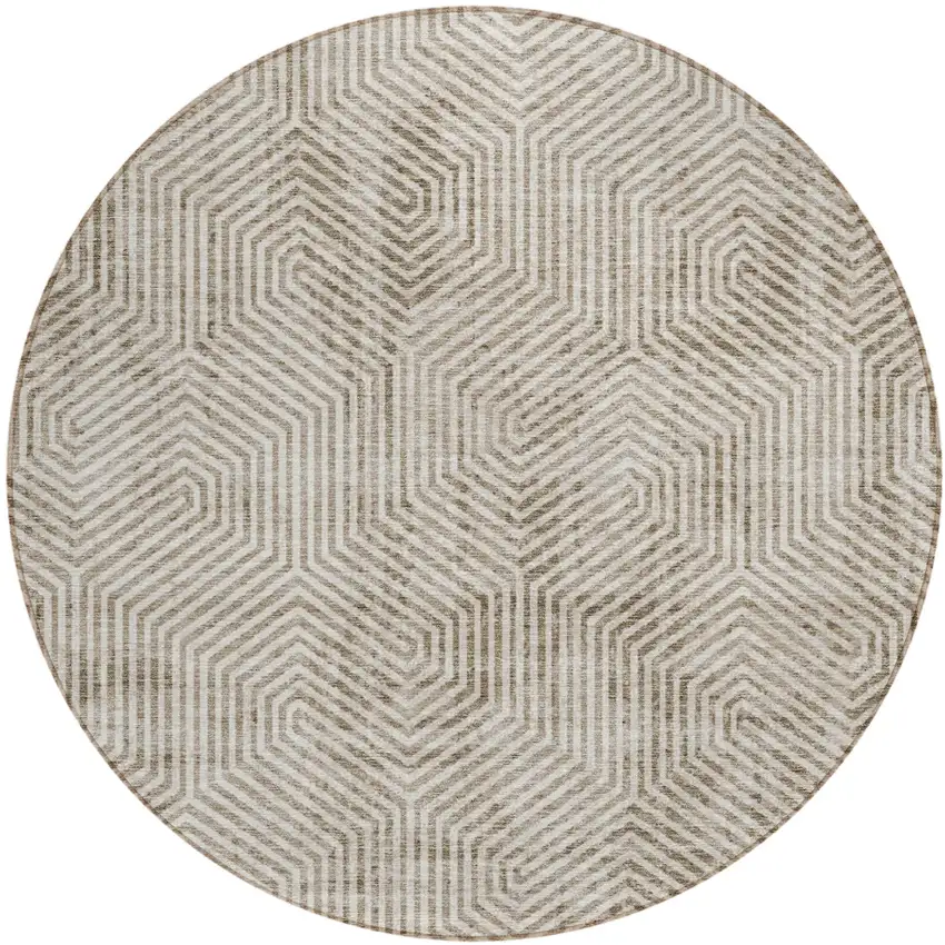 8' Taupe And Beige Round Geometric Washable Indoor Outdoor Area Rug Photo 2