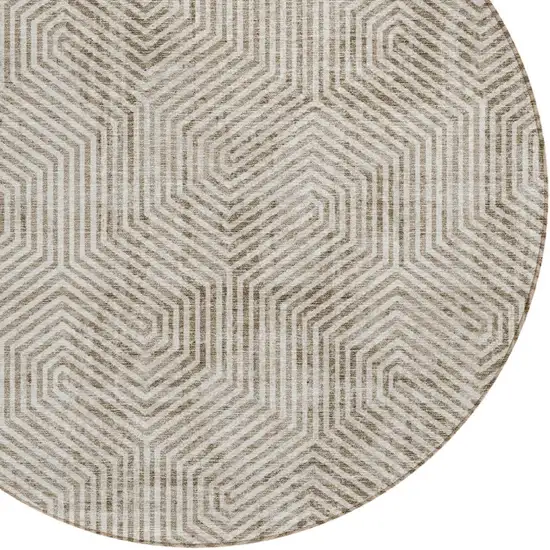 8' Taupe And Beige Round Geometric Washable Indoor Outdoor Area Rug Photo 5
