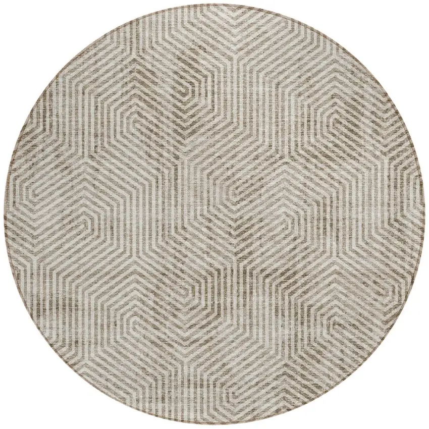 8' Taupe And Beige Round Geometric Washable Indoor Outdoor Area Rug Photo 6
