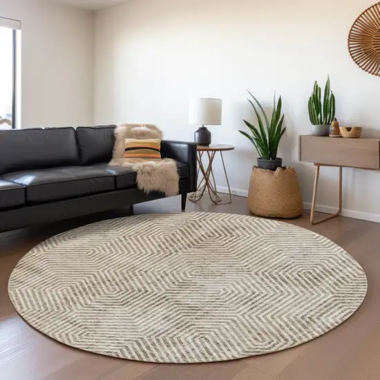 8' Taupe And Beige Round Geometric Washable Indoor Outdoor Area Rug Photo 8