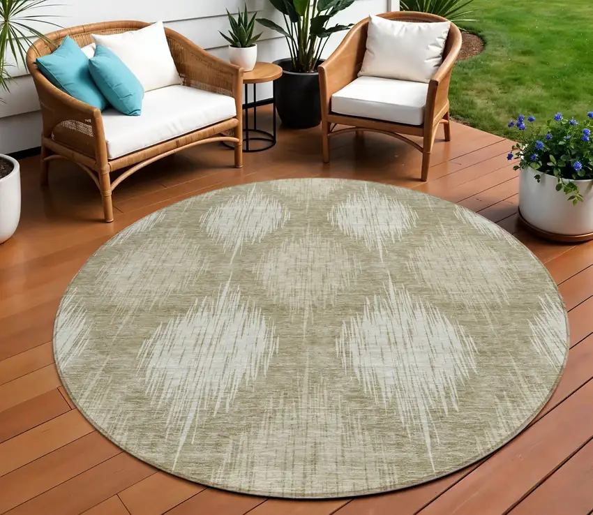 8' Taupe And Beige Round Ikat Washable Indoor Outdoor Area Rug Photo 1
