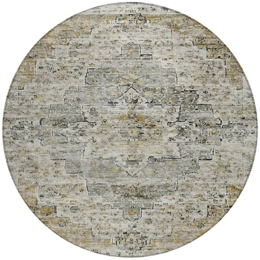 8' Taupe And Beige Round Medallion Washable Indoor Outdoor Area Rug Photo 3