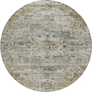 Photo of 8' Taupe And Beige Round Medallion Washable Indoor Outdoor Area Rug