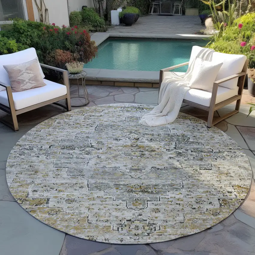 8' Taupe And Beige Round Medallion Washable Indoor Outdoor Area Rug Photo 5