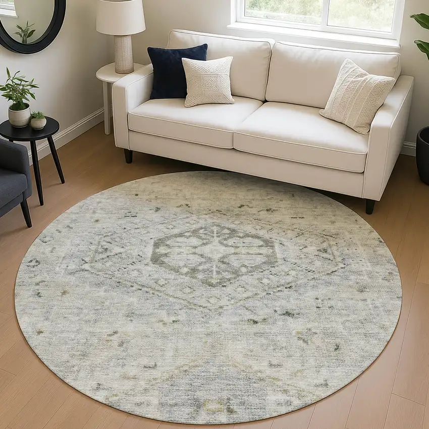 8' Taupe And Beige Round Medallion Washable Indoor Outdoor Area Rug Photo 5