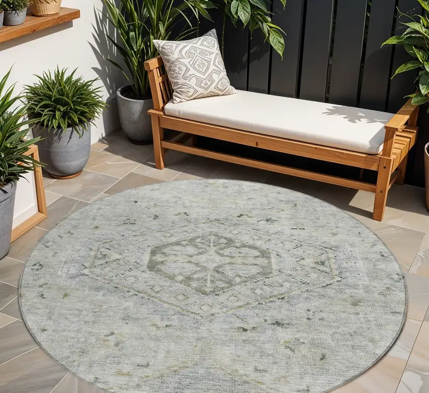 8' Taupe And Beige Round Medallion Washable Indoor Outdoor Area Rug Photo 8