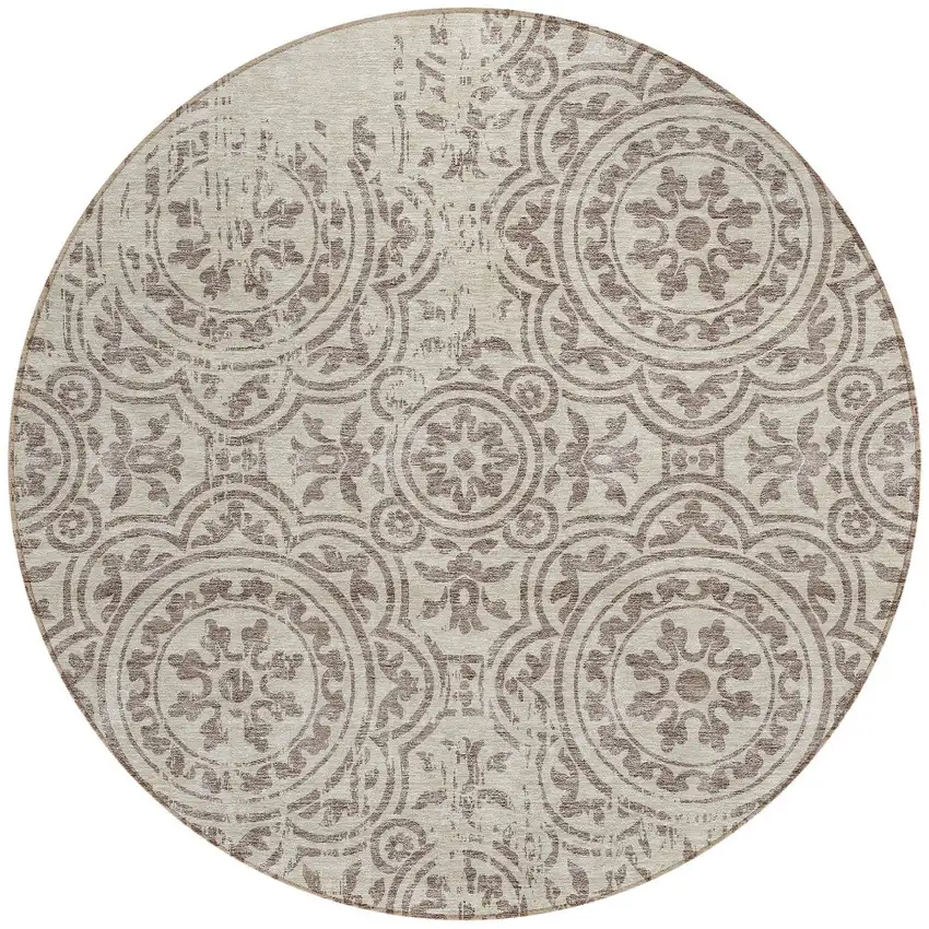 8' Taupe And Beige Round Medallion Washable Indoor Outdoor Area Rug Photo 5