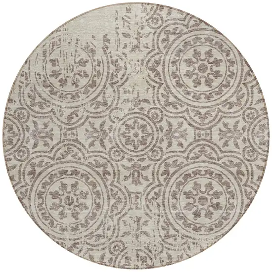 8' Taupe And Beige Round Medallion Washable Indoor Outdoor Area Rug Photo 5