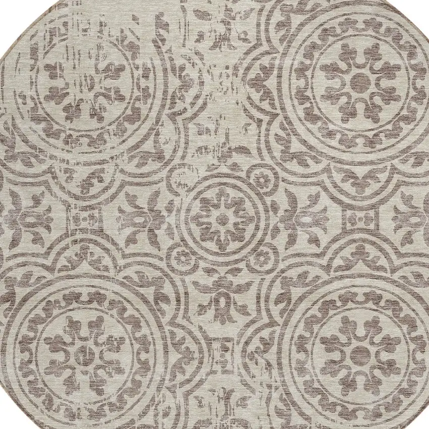 8' Taupe And Beige Round Medallion Washable Indoor Outdoor Area Rug Photo 4