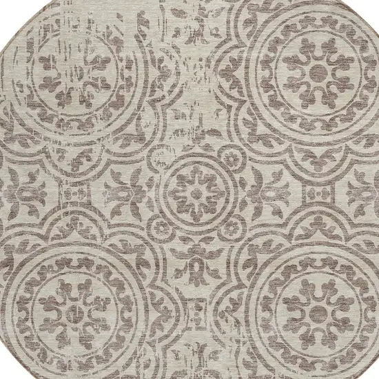 8' Taupe And Beige Round Medallion Washable Indoor Outdoor Area Rug Photo 4