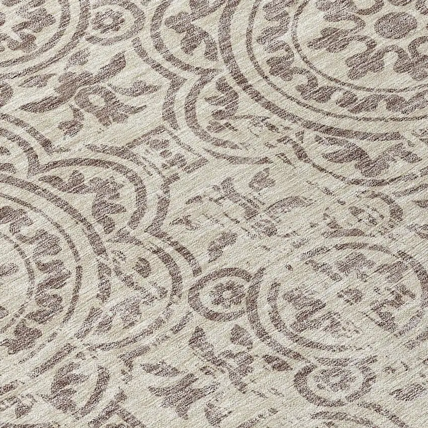 8' Taupe And Beige Round Medallion Washable Indoor Outdoor Area Rug Photo 9