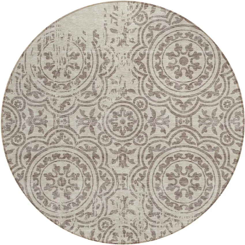 8' Taupe And Beige Round Medallion Washable Indoor Outdoor Area Rug Photo 1