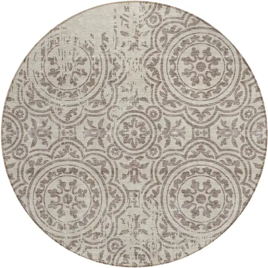 8' Taupe And Beige Round Medallion Washable Indoor Outdoor Area Rug Photo 1