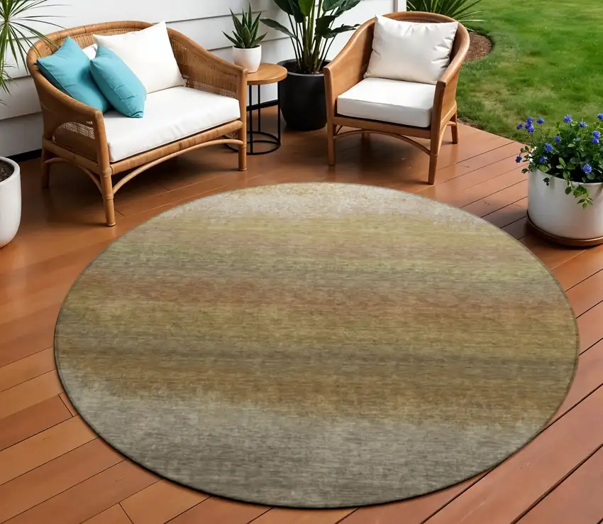 8' Taupe And Beige Round Ombre Washable Indoor Outdoor Area Rug Photo 2