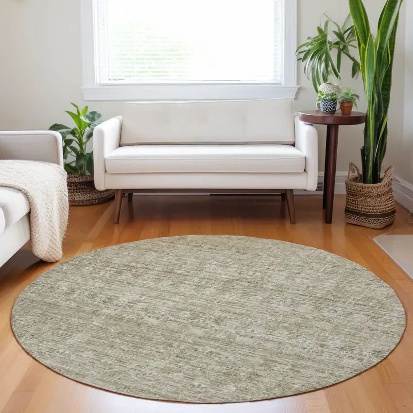 8' Taupe And Beige Round Striped Washable Indoor Outdoor Area Rug Photo 7