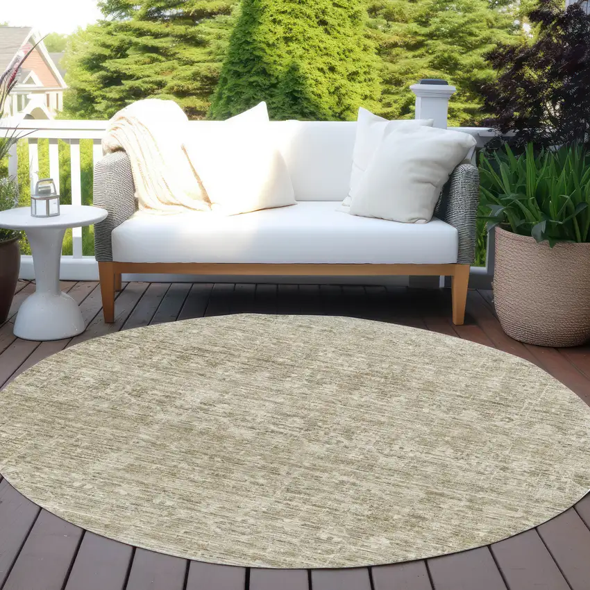 8' Taupe And Beige Round Striped Washable Indoor Outdoor Area Rug Photo 6