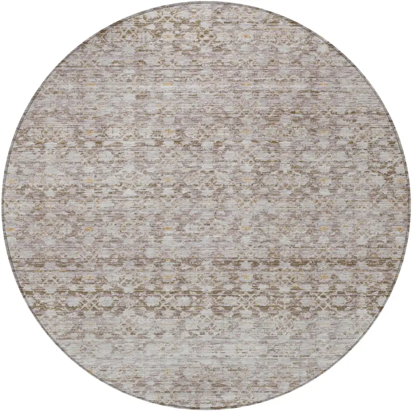 8' Taupe And Beige Round Striped Washable Indoor Outdoor Area Rug Photo 4