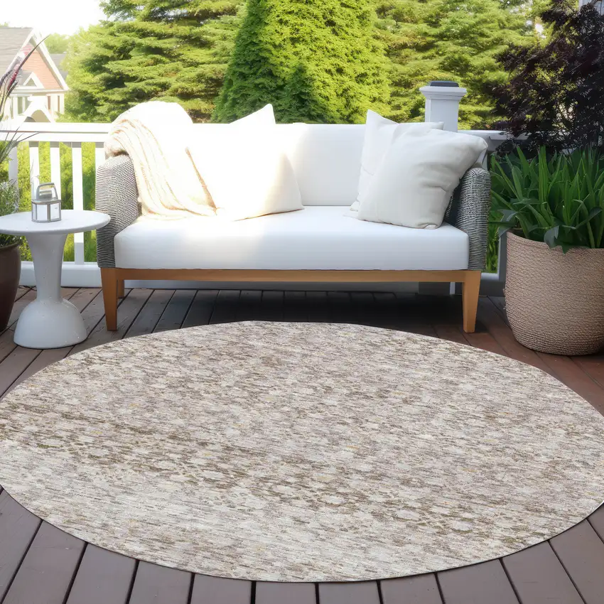 8' Taupe And Beige Round Striped Washable Indoor Outdoor Area Rug Photo 5