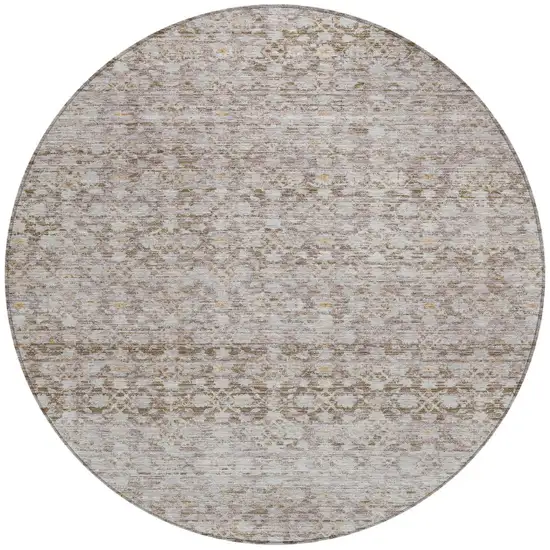 8' Taupe And Beige Round Striped Washable Indoor Outdoor Area Rug Photo 3