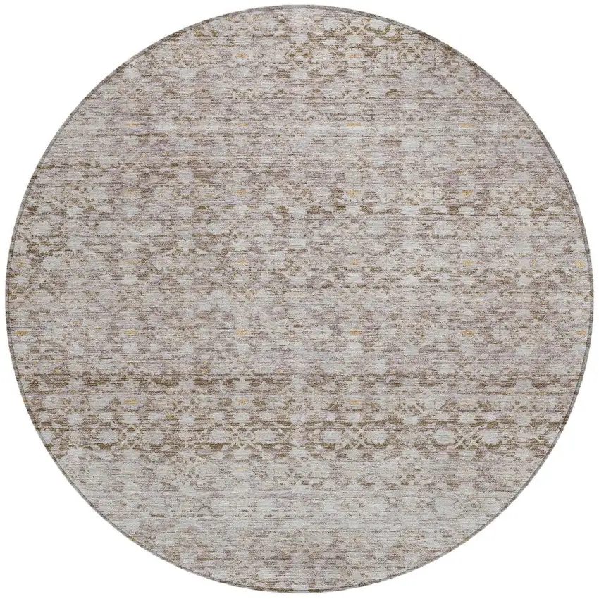 8' Taupe And Beige Round Striped Washable Indoor Outdoor Area Rug Photo 3