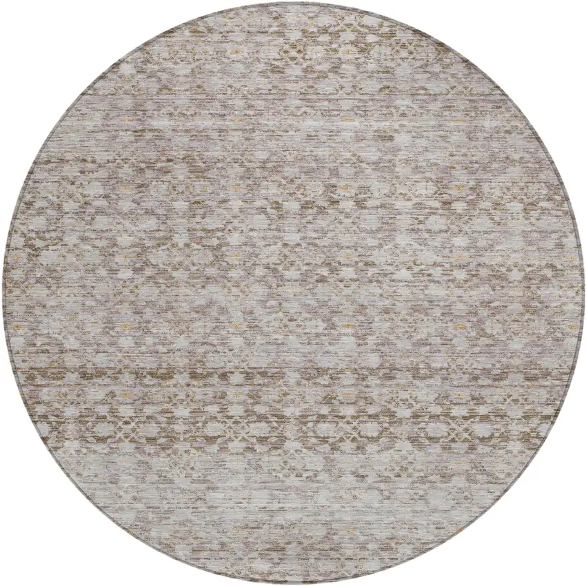 8' Taupe And Beige Round Striped Washable Indoor Outdoor Area Rug Photo 1