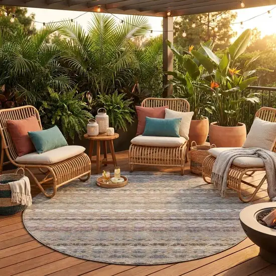 8' Taupe And Beige Round Striped Washable Indoor Outdoor Area Rug Photo 1