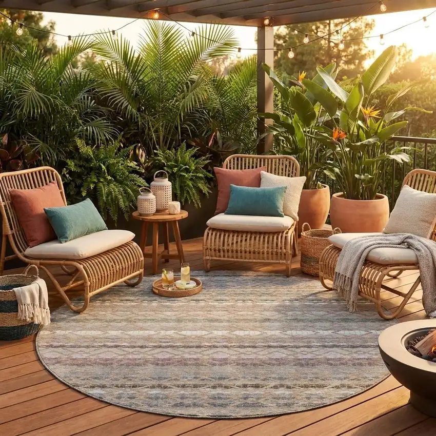 8' Taupe And Beige Round Striped Washable Indoor Outdoor Area Rug Photo 1