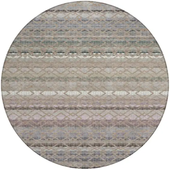 8' Taupe And Beige Round Striped Washable Indoor Outdoor Area Rug Photo 2