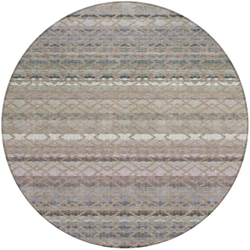 8' Taupe And Beige Round Striped Washable Indoor Outdoor Area Rug Photo 2