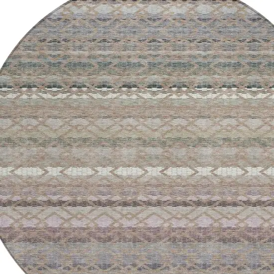 8' Taupe And Beige Round Striped Washable Indoor Outdoor Area Rug Photo 3