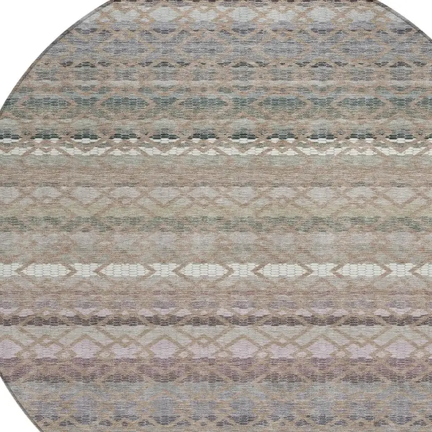 8' Taupe And Beige Round Striped Washable Indoor Outdoor Area Rug Photo 3