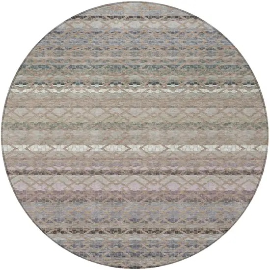 8' Taupe And Beige Round Striped Washable Indoor Outdoor Area Rug Photo 4