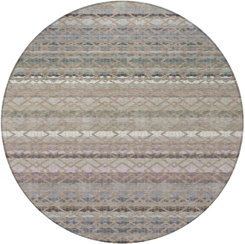 8' Taupe And Beige Round Striped Washable Indoor Outdoor Area Rug Photo 4