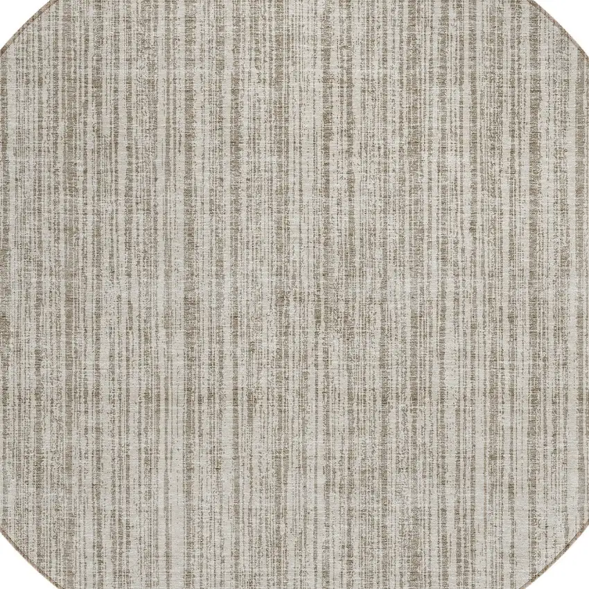 8' Taupe And Beige Round Striped Washable Indoor Outdoor Area Rug Photo 4