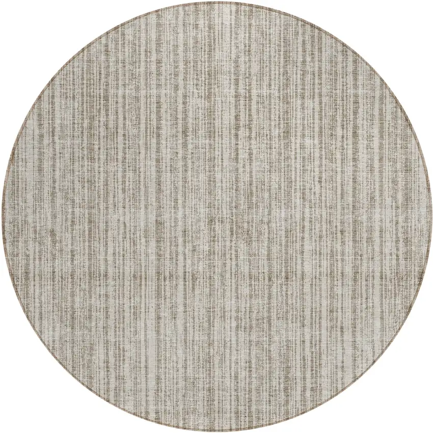 8' Taupe And Beige Round Striped Washable Indoor Outdoor Area Rug Photo 1