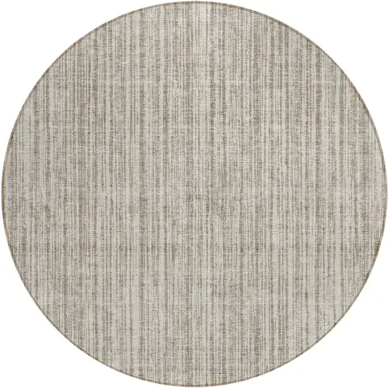 8' Taupe And Beige Round Striped Washable Indoor Outdoor Area Rug Photo 1