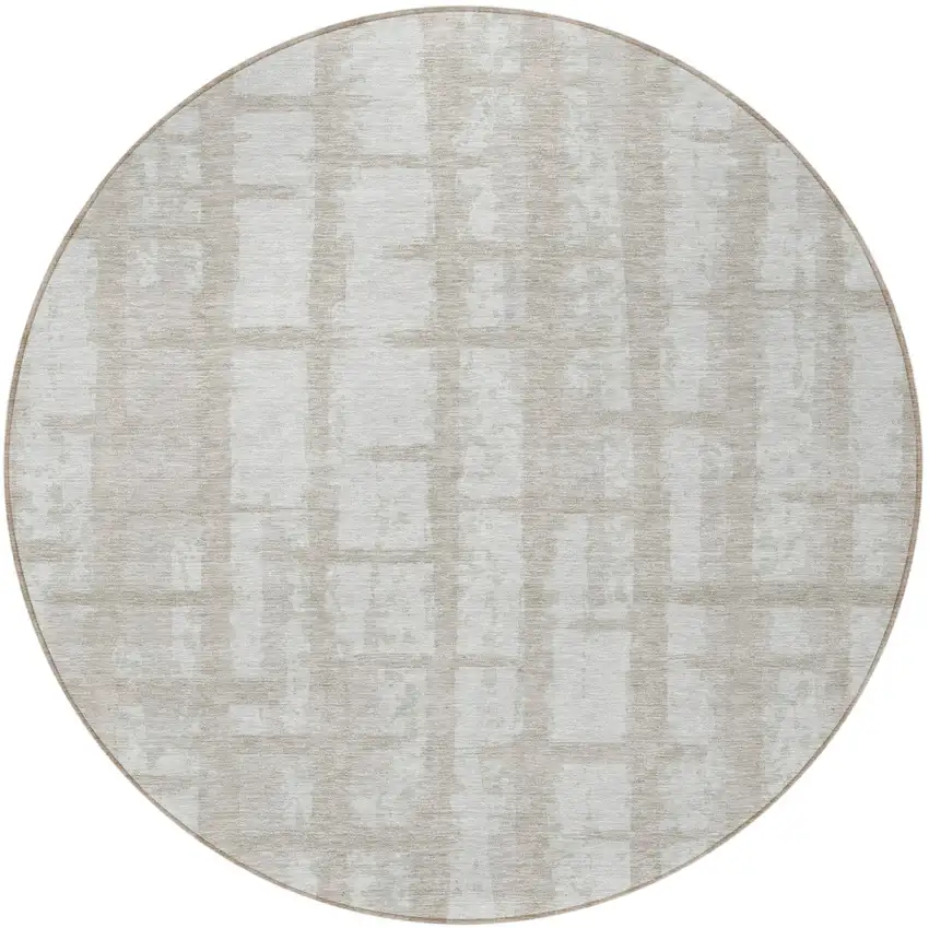 8' Taupe And Beige Round Striped Washable Indoor Outdoor Area Rug Photo 5