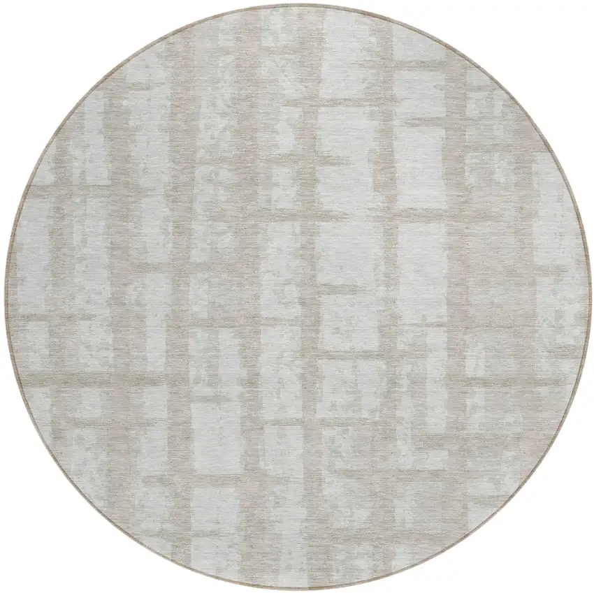8' Taupe And Beige Round Striped Washable Indoor Outdoor Area Rug Photo 2