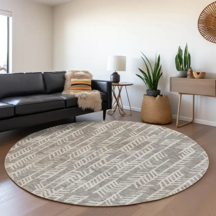 8' Taupe And Beige Round Tribal Washable Indoor Outdoor Area Rug Photo 7