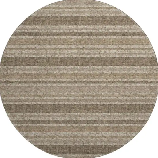 8' Taupe And Beige Striped Washable Round Rug With UV Protection Photo 2