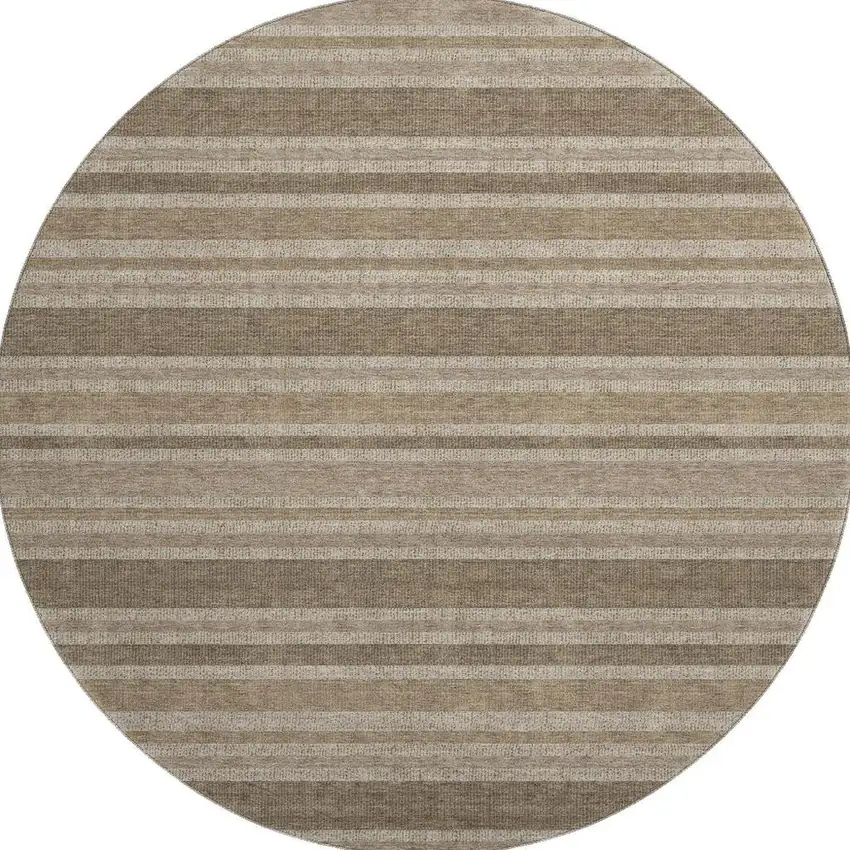 8' Taupe And Beige Striped Washable Round Rug With UV Protection Photo 2
