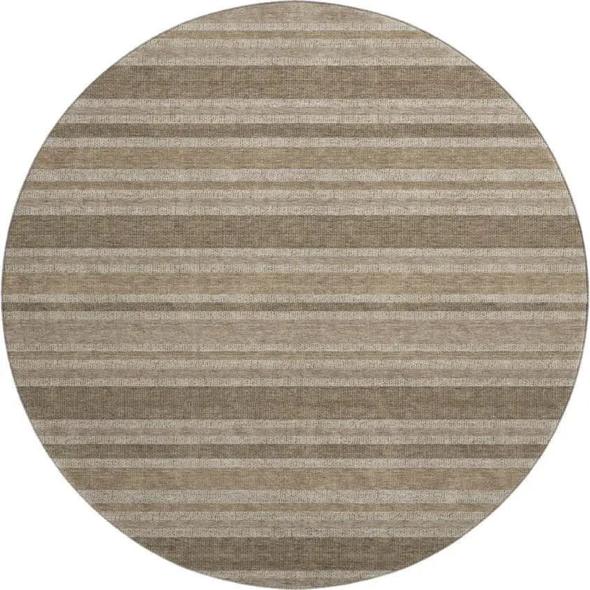 8' Taupe And Beige Striped Washable Round Rug With UV Protection Photo 1