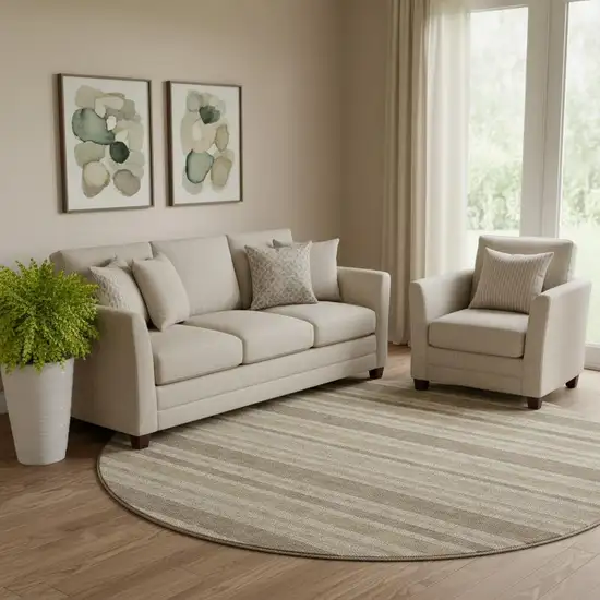 8' Taupe And Beige Striped Washable Round Rug With UV Protection Photo 1