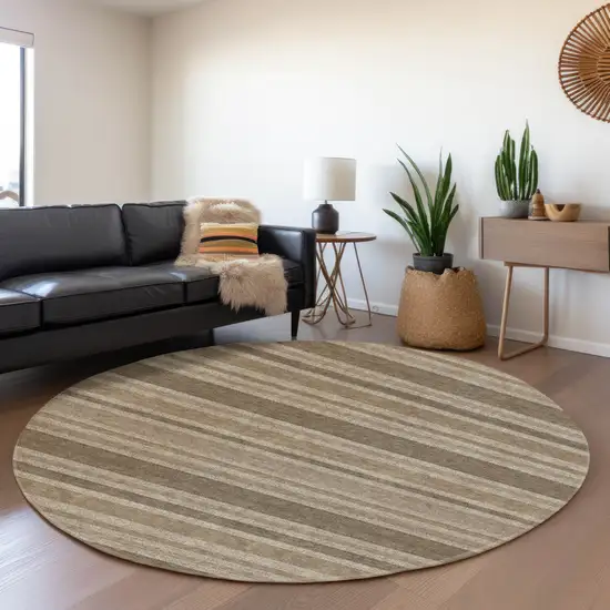 8' Taupe And Beige Striped Washable Round Rug With UV Protection Photo 4